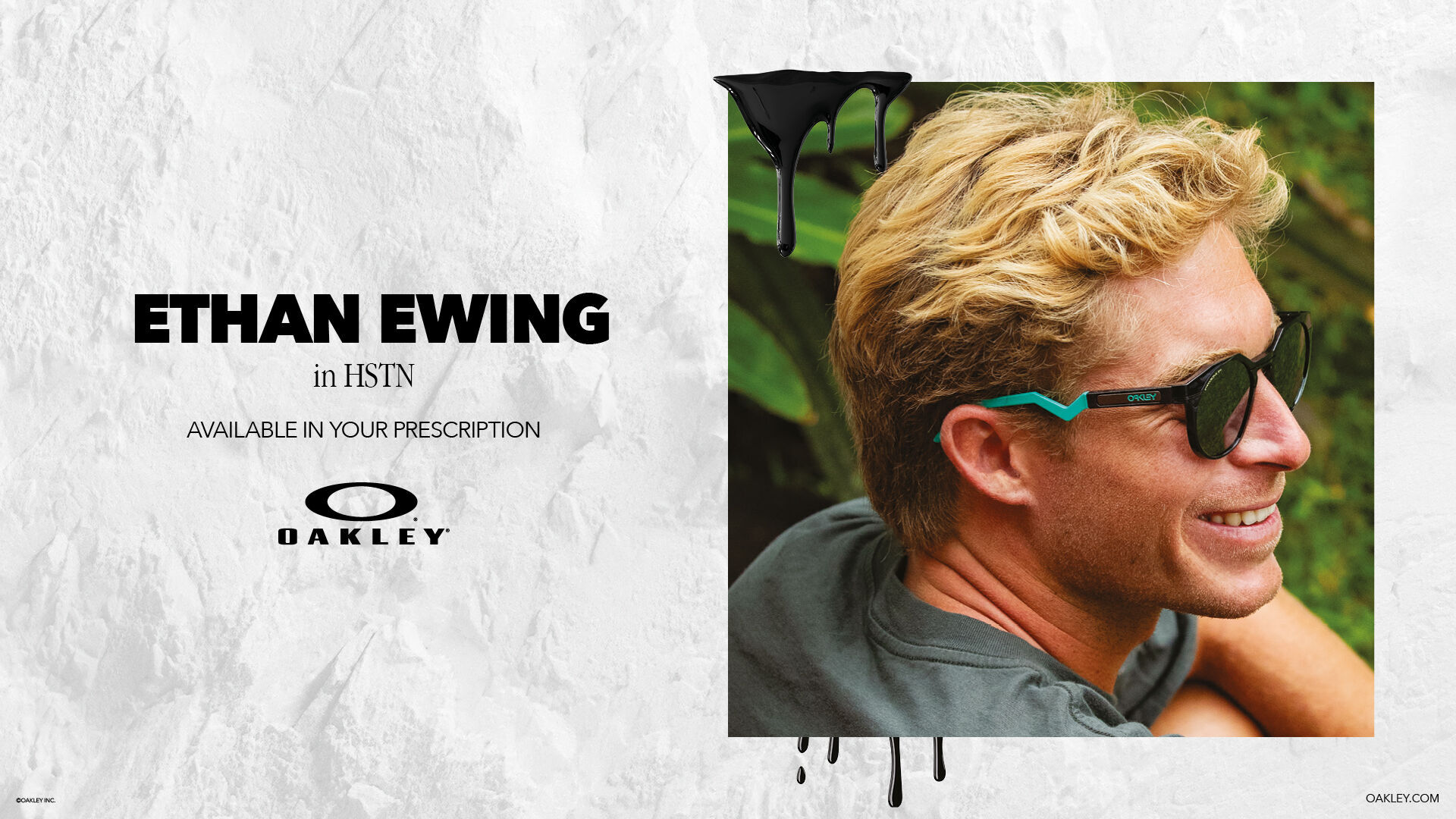 Oakleyn uusin brändikuva jossa vaalea mies aurinkolasit päässä ja toisella puolella brändilogot